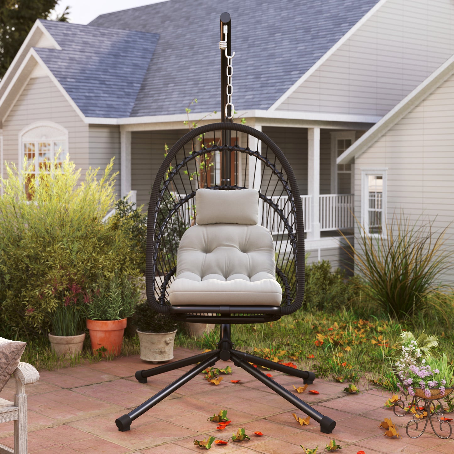 Outsunny Outdoor PE Rattan Egg Chair With Metal Stand Headrest Garden Patio Cushion And Foldable Basket Black