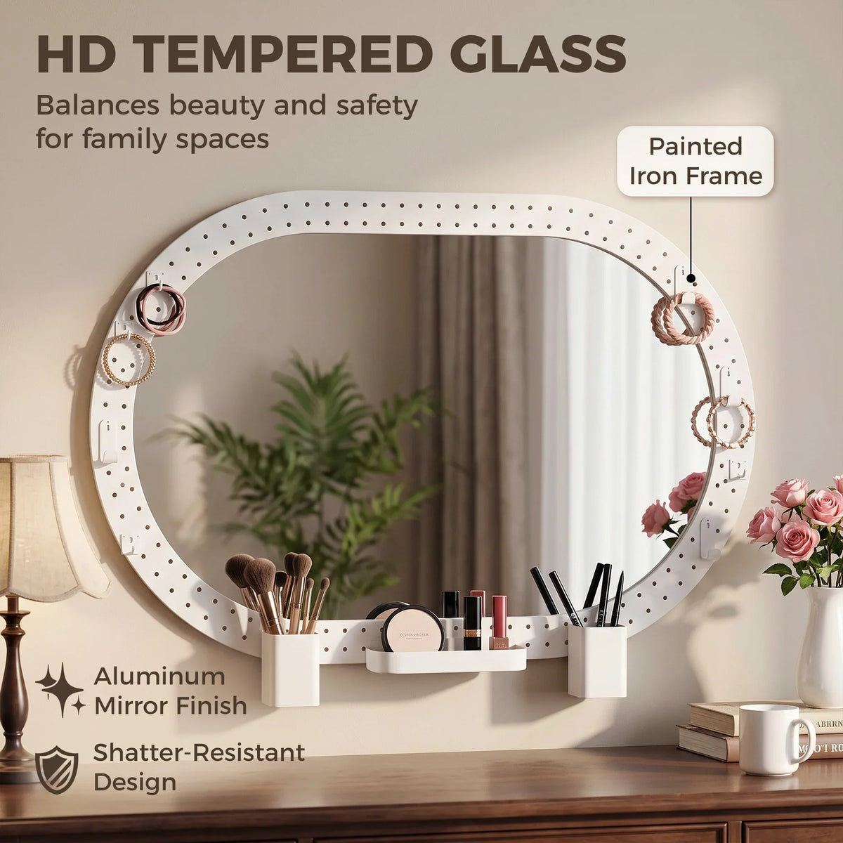 White oval wall mirror with pegboard frame and decorative storage trays