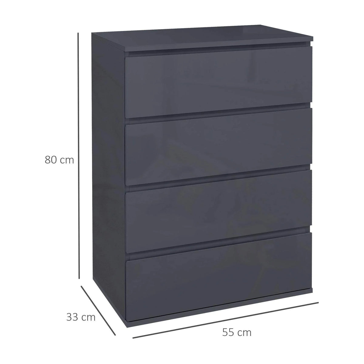 Dark gray 4-drawer dresser with rectangular drawers and flat top, front view