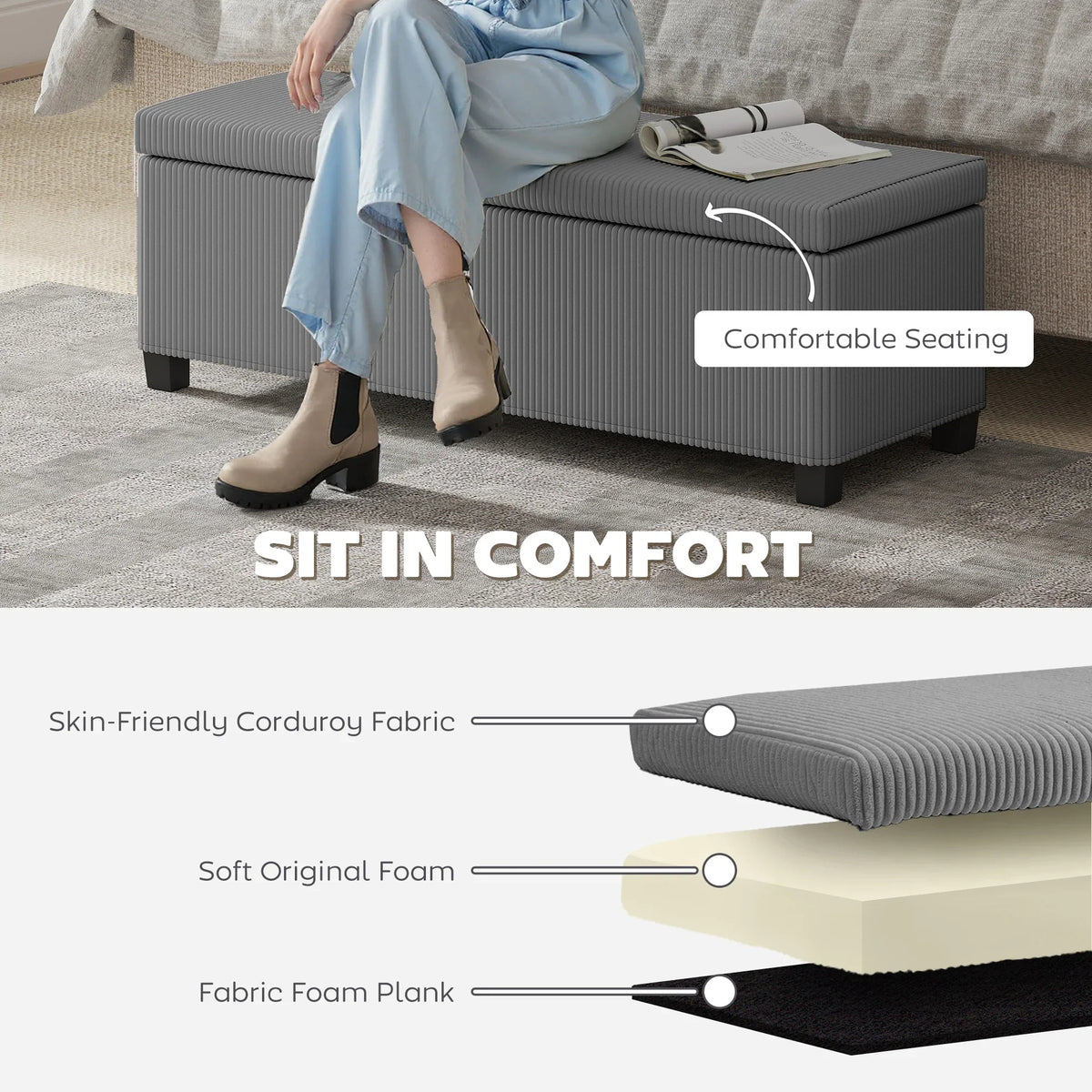 Grey corduroy storage ottoman with padded lid, comfortable seating look