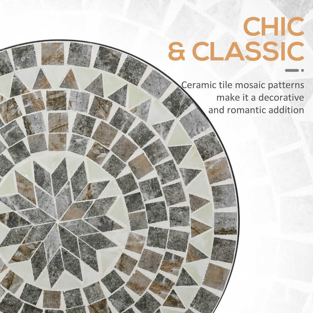 Round tabletop with grey mosaic tile pattern in a circular design