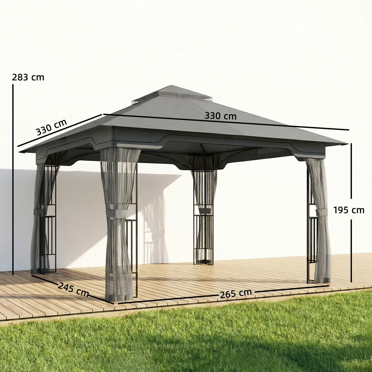 Dark grey outdoor garden gazebo with canopy roof, mesh curtains, and open patio base