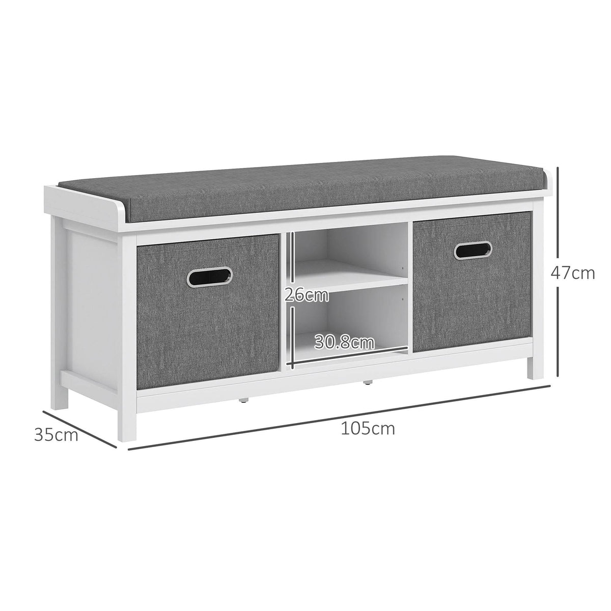Shoe storage bench with gray fabric seat, two front drawers, open center shelf, white