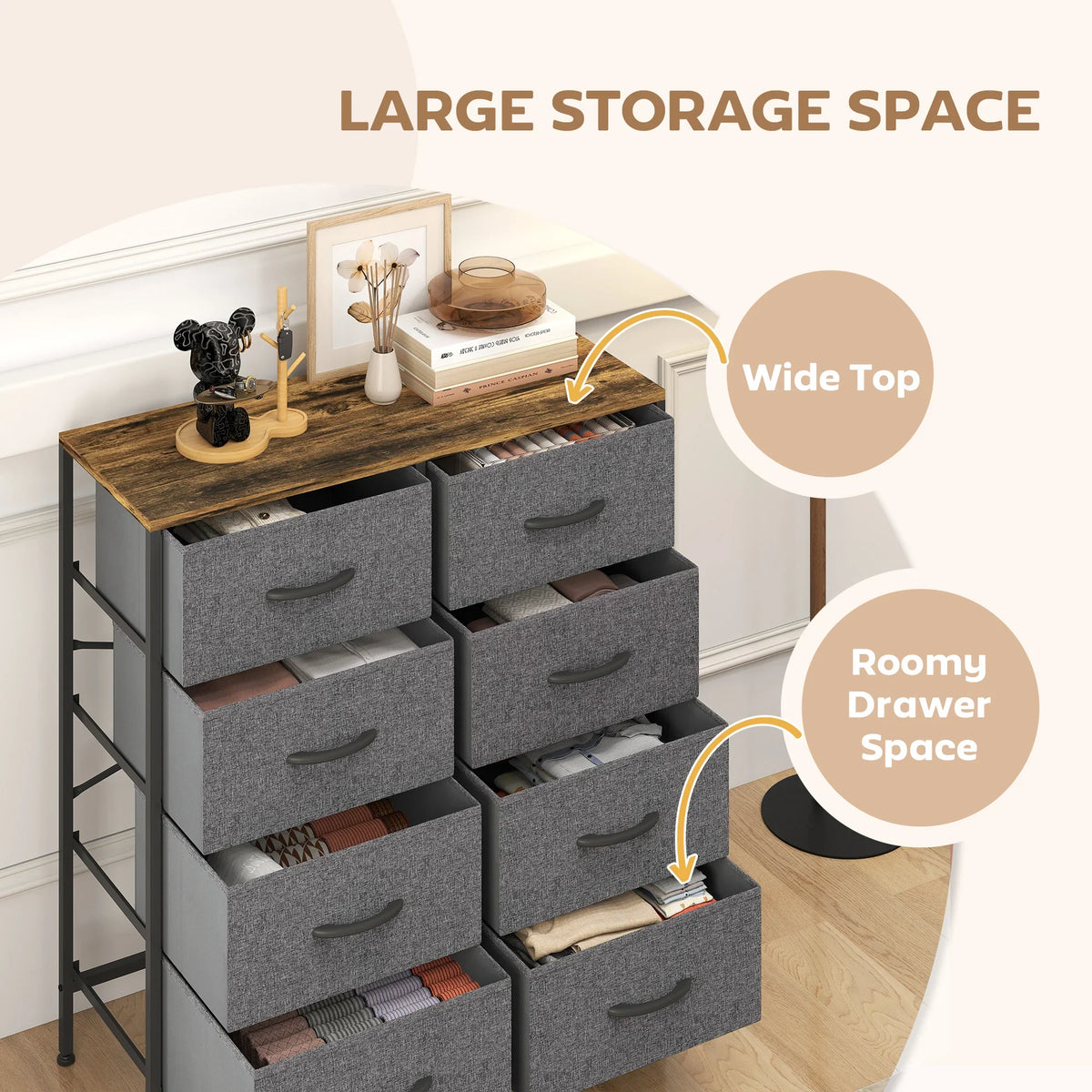 Fabric chest of drawers with wide wood top and open grey drawers on black frame