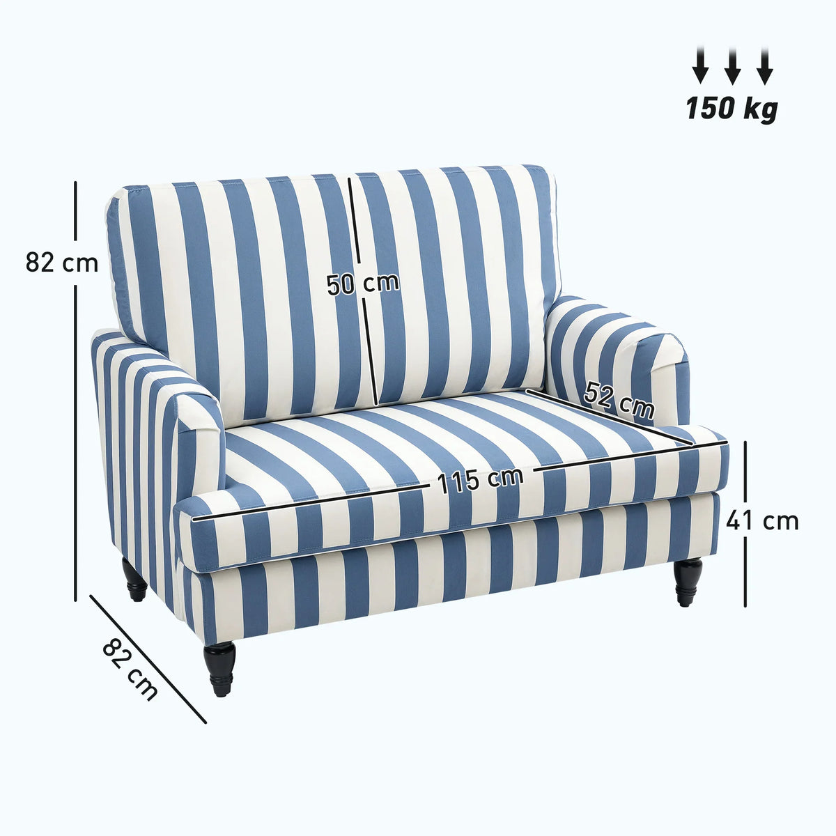 Blue and white striped loveseat chair with rounded arms, shown with size measurements