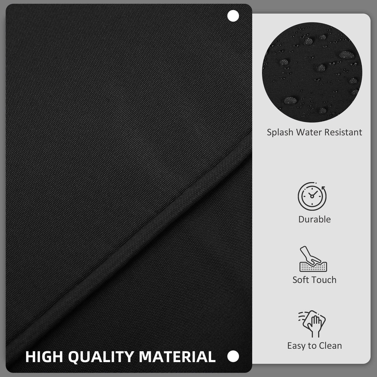 Black polyester cushion cover fabric with textured weave and visible water-repellent finish.