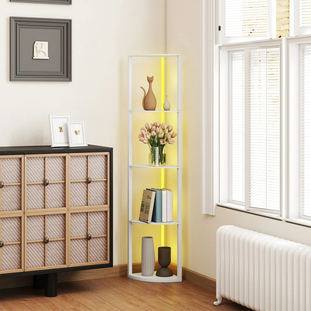 White RGB LED shelf floor lamp with five compartments, shown with vases and books
