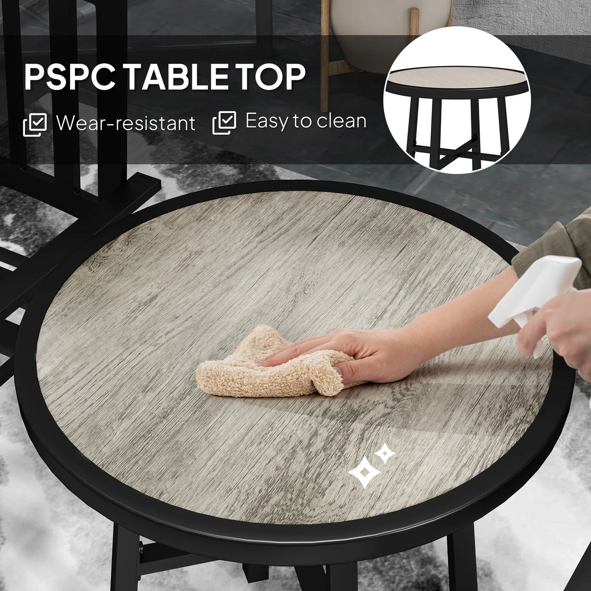 Round patio table with dark frame and PSPC tabletop, hands wiping the surface