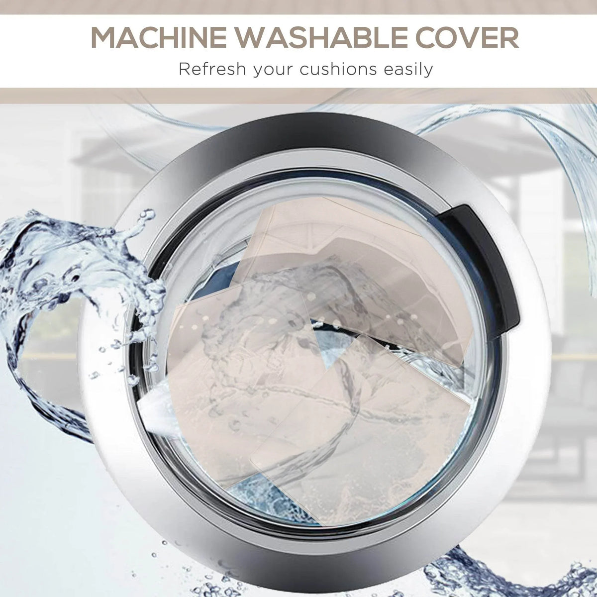 Beige cushion cover in washing machine for easy cleaning
