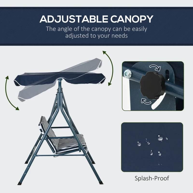Adjustable-canopy outdoor swing chair with striped seat cushion and metal tripod frame