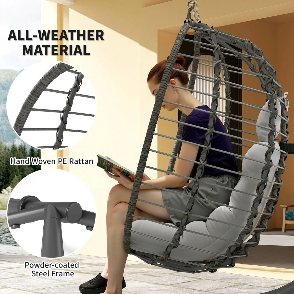 Outdoor egg chair with woven PE rattan basket and powder-coated steel frame, light cushion