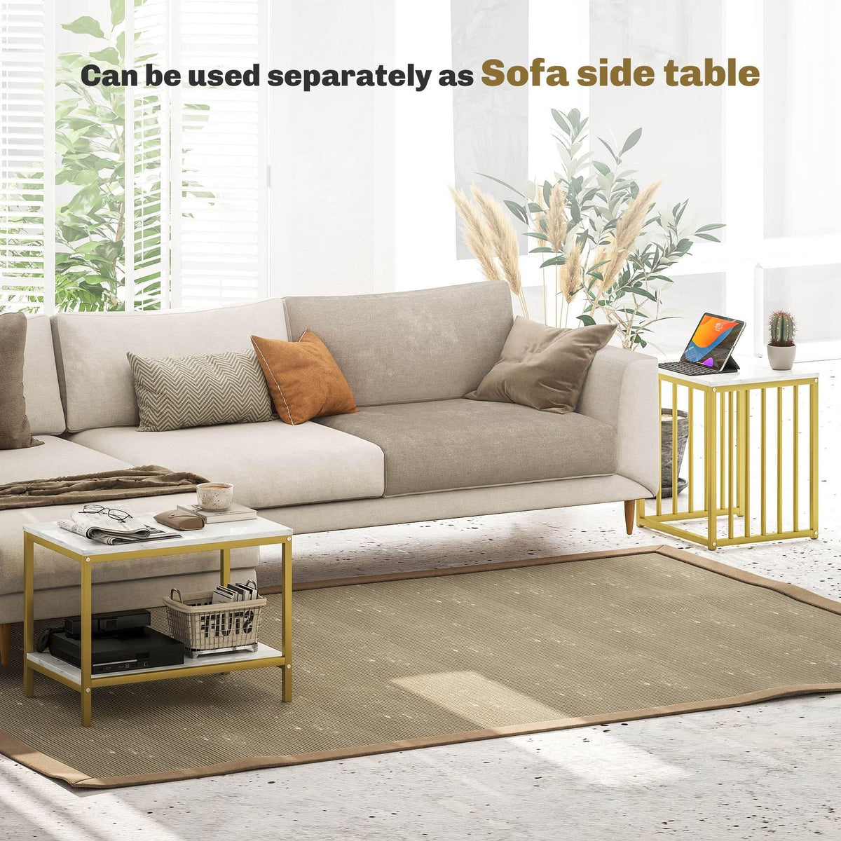 Nesting coffee table set for sofa use, faux marble tops with gold frames