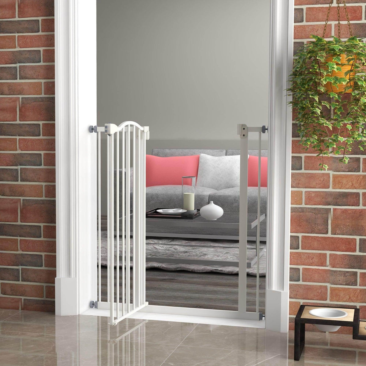 White folding dog gate set in a doorway with latch and vertical bars