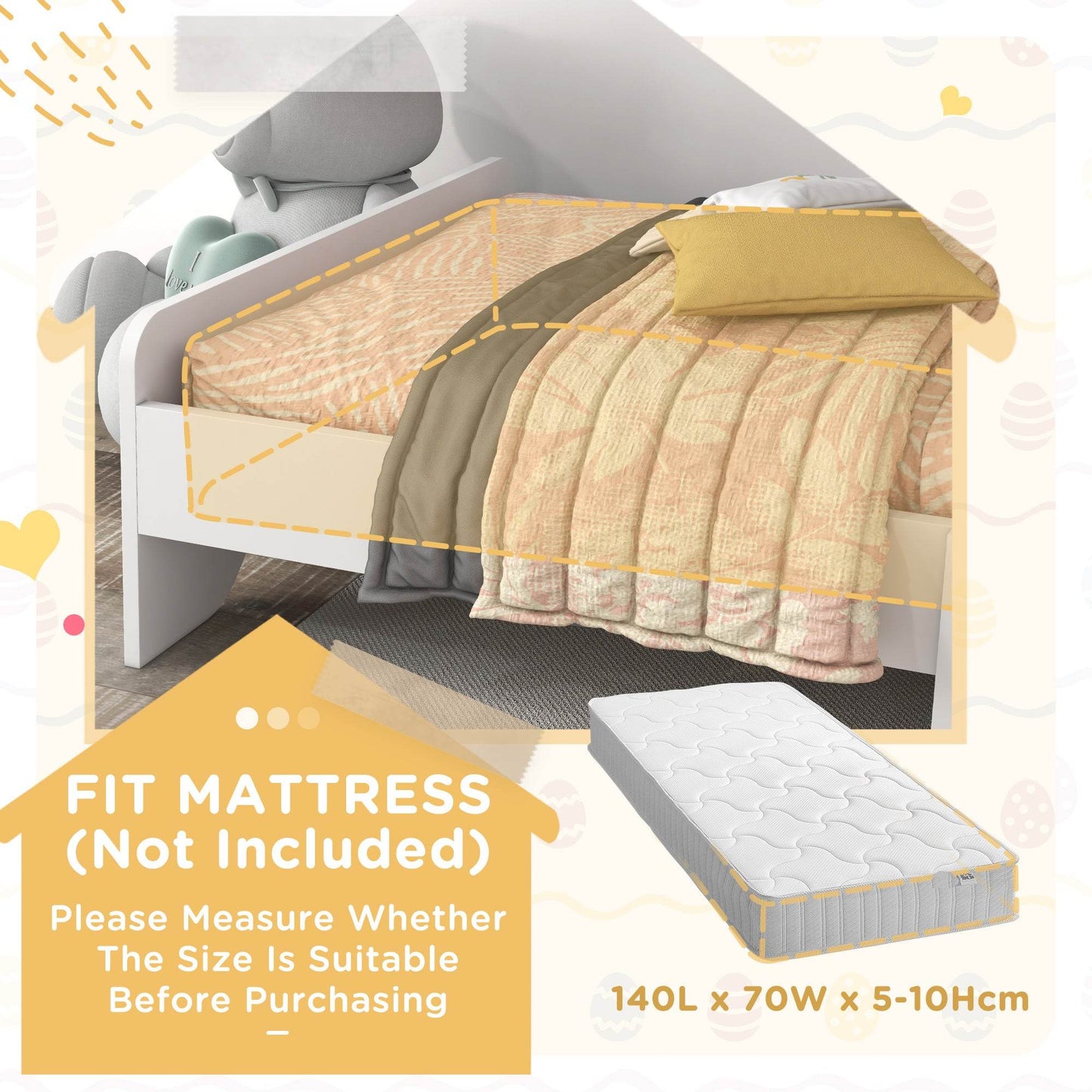White toddler bed frame with bunny headboard and side rails with a fitted mattress shown