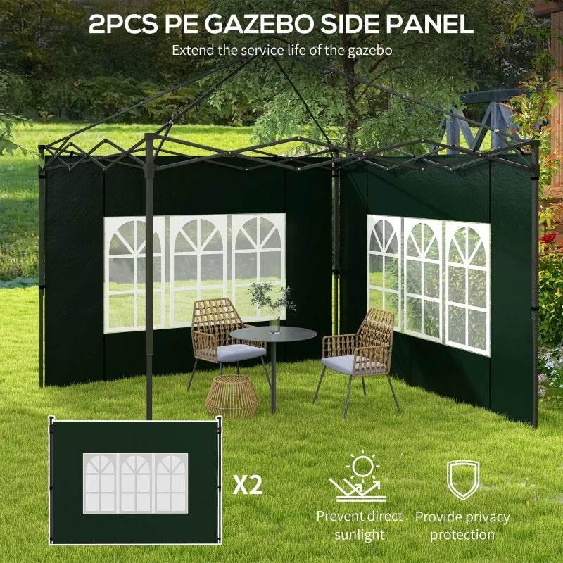 Two green gazebo side wall panels with white arched windows for outdoor privacy