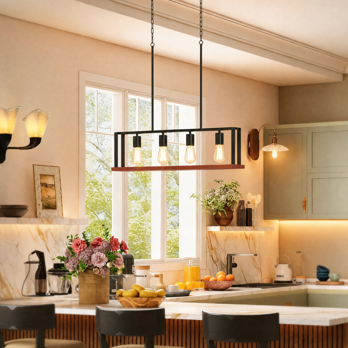 Black chain pendant light with four exposed bulbs and a wood-and-metal rectangular bar