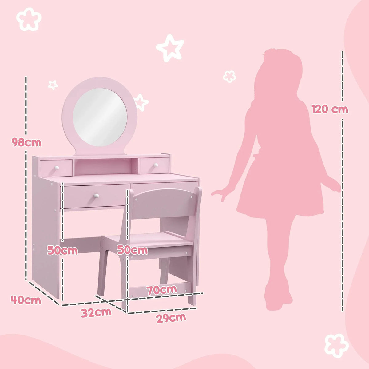 Kids makeup vanity set with round mirror and stool shown with size outline diagram