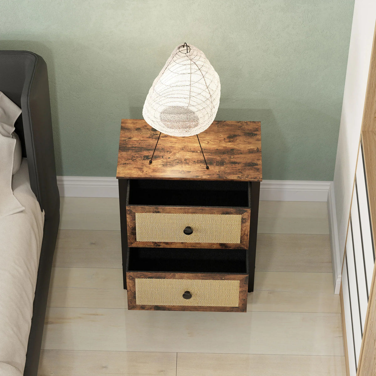 Industrial bedside table with two drawers and open shelves under a rustic top