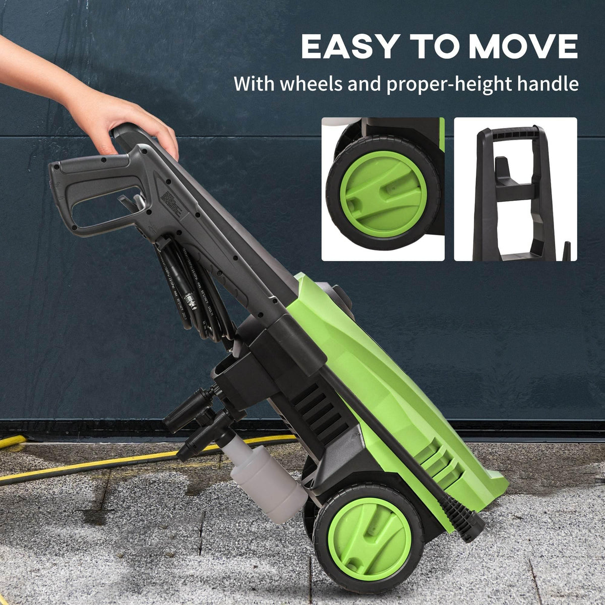 Portable pressure washer with wheels and pull-handle for easy moving