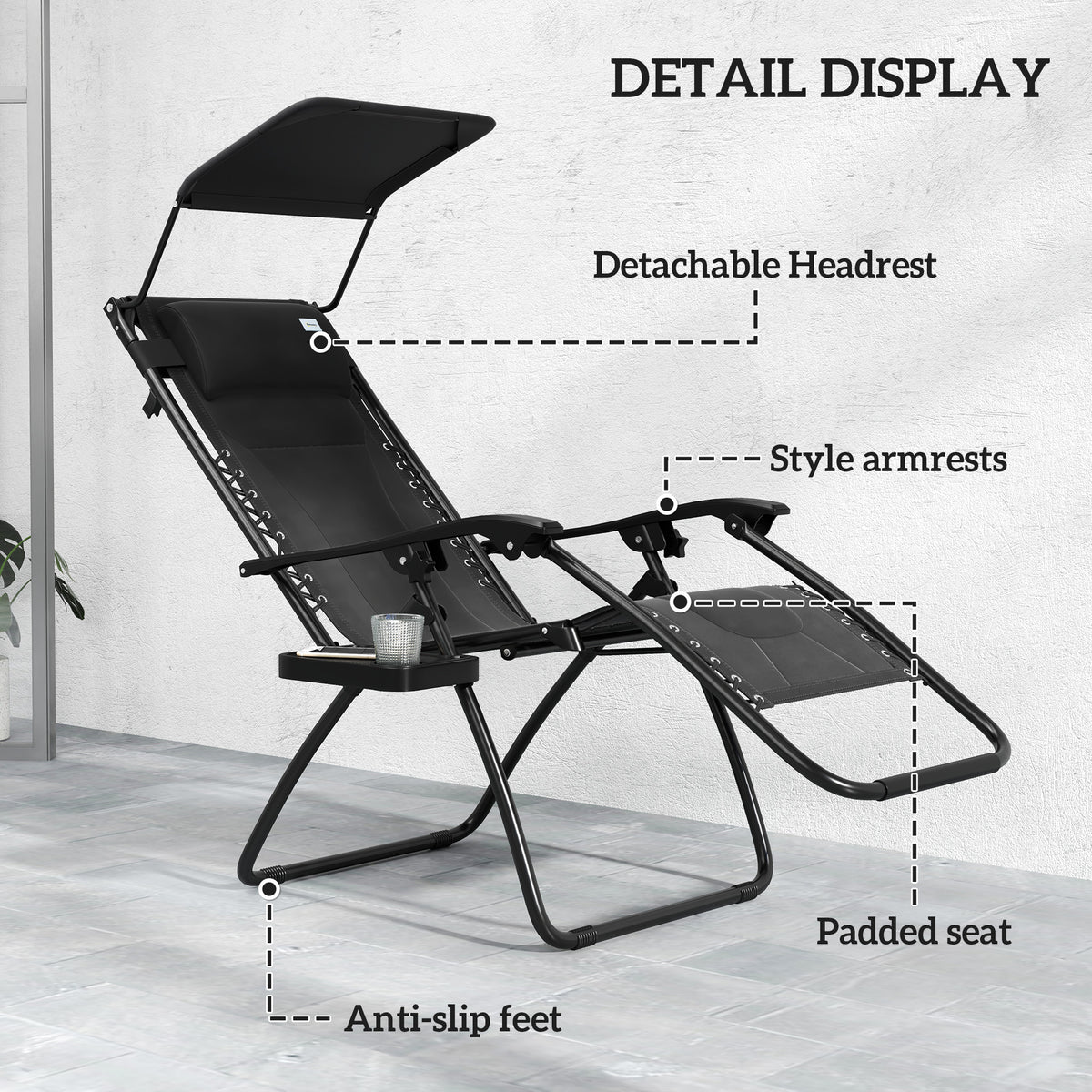 Black zero-gravity lounger chair with detachable headrest, padded seat, and non-slip feet