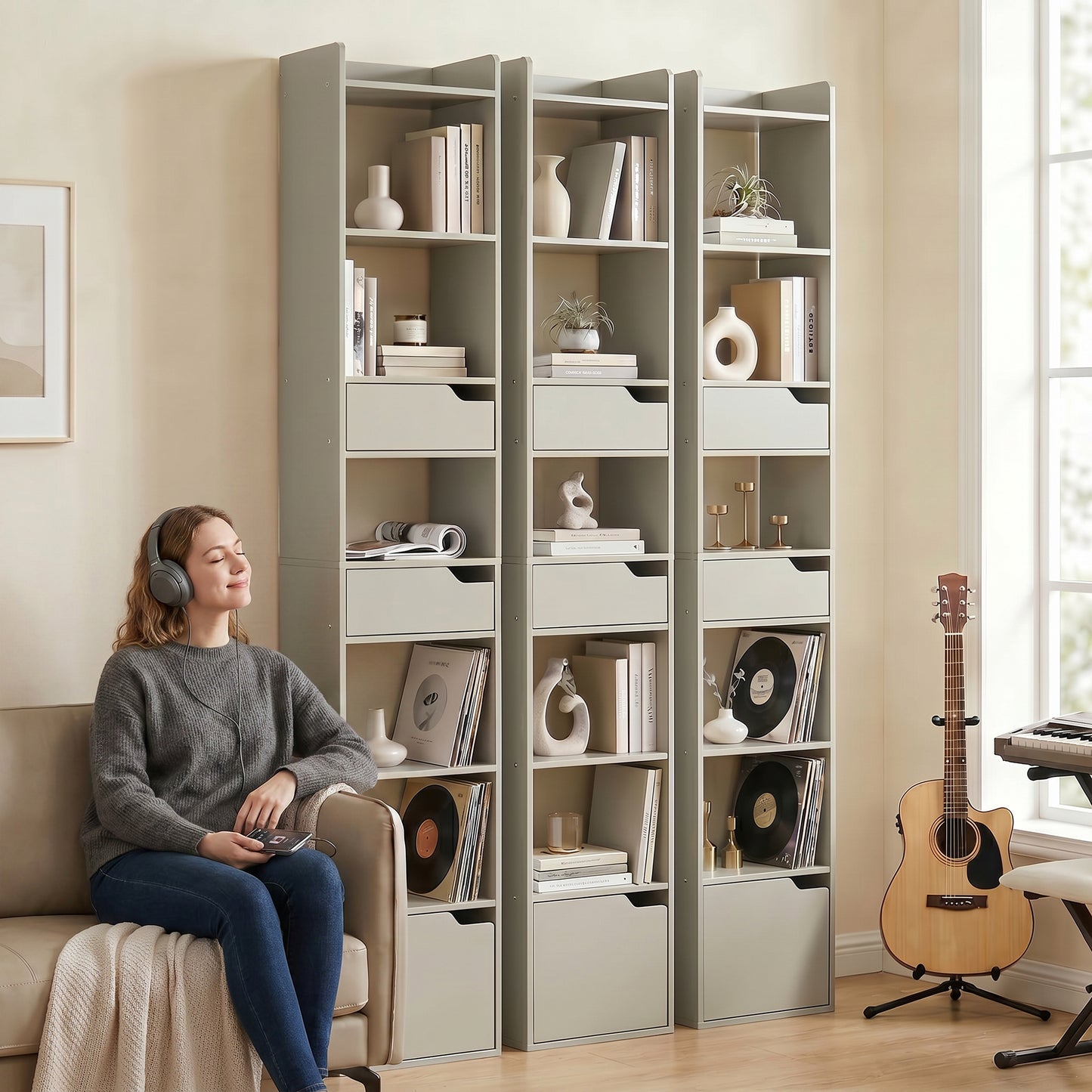 HOMCOM Tall Narrow Bookcase With 5 Tiers And Drawers Freestanding Storage Cabinet For Living Room Grey