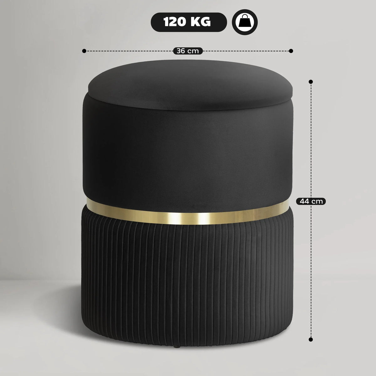 Black round storage ottoman with velvet-look lid, ribbed cylinder base, gold-tone belt