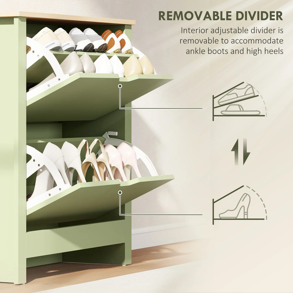 Green shoe cabinet with removable interior divider on adjustable shelves for boots