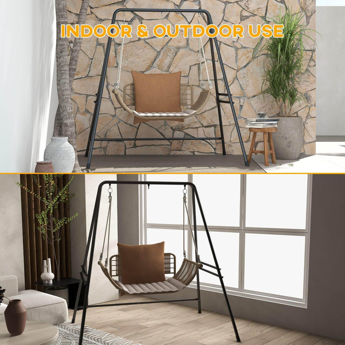 Black metal hammock chair stand with three hanging chains and curved frame