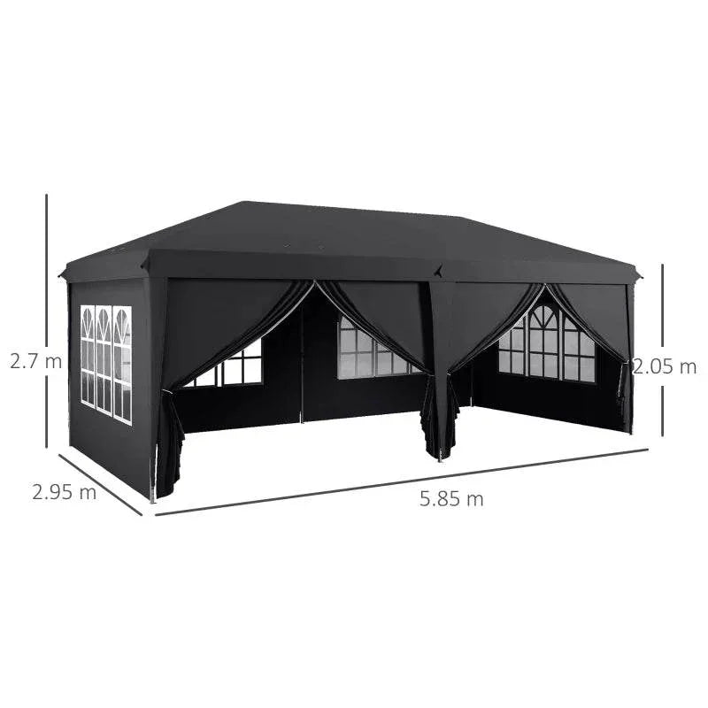 Dark grey pop-up gazebo with curtained entrances and arched window panels