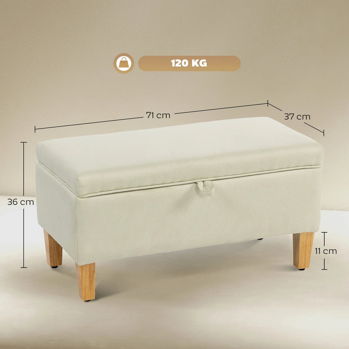 Beige padded storage ottoman with hinged lid and wooden legs, side view