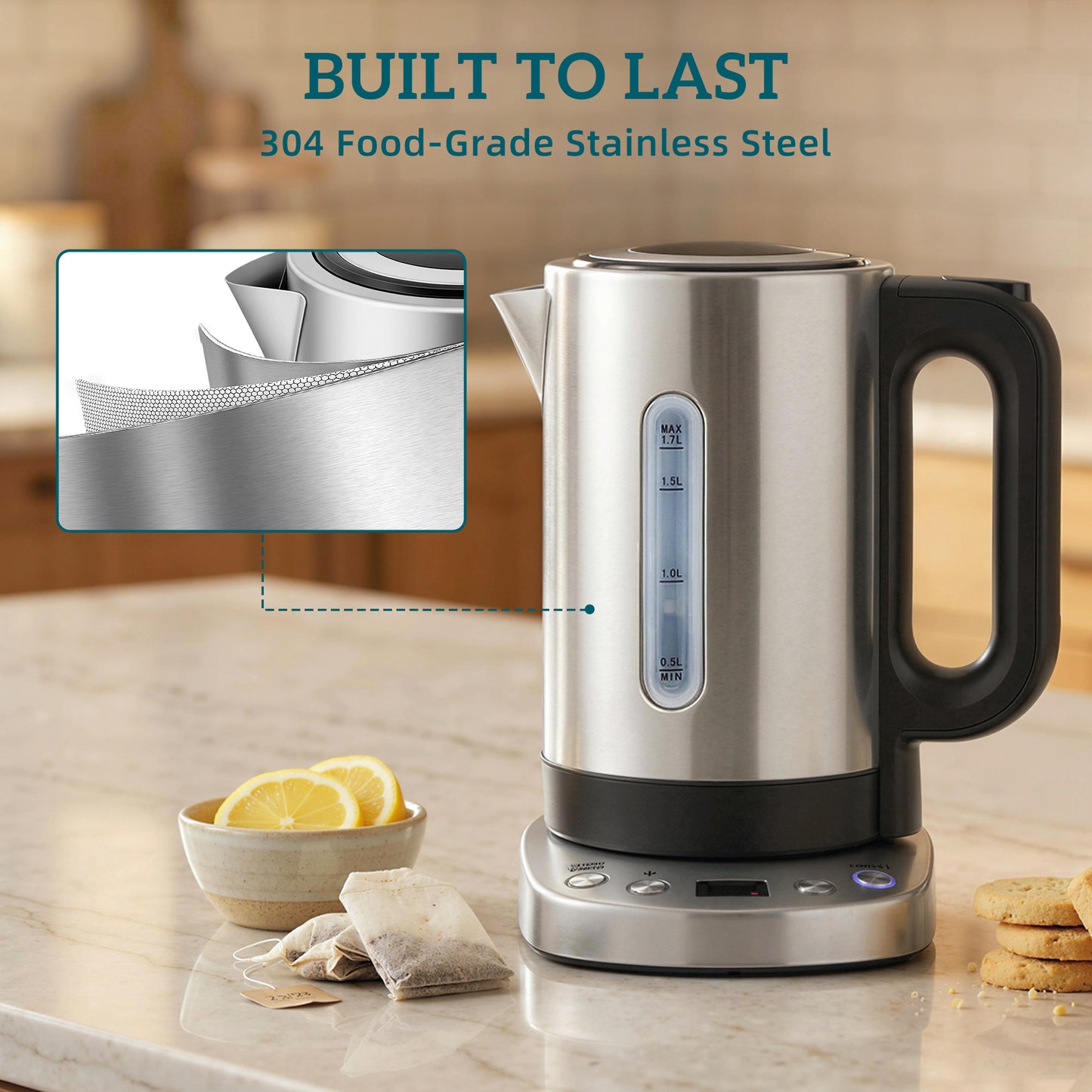 HOMCOM Electric Kettle 1.7L 3000W Fast Boil With UK Strix Thermostat Keep Warm Function LCD Base Silver Tone