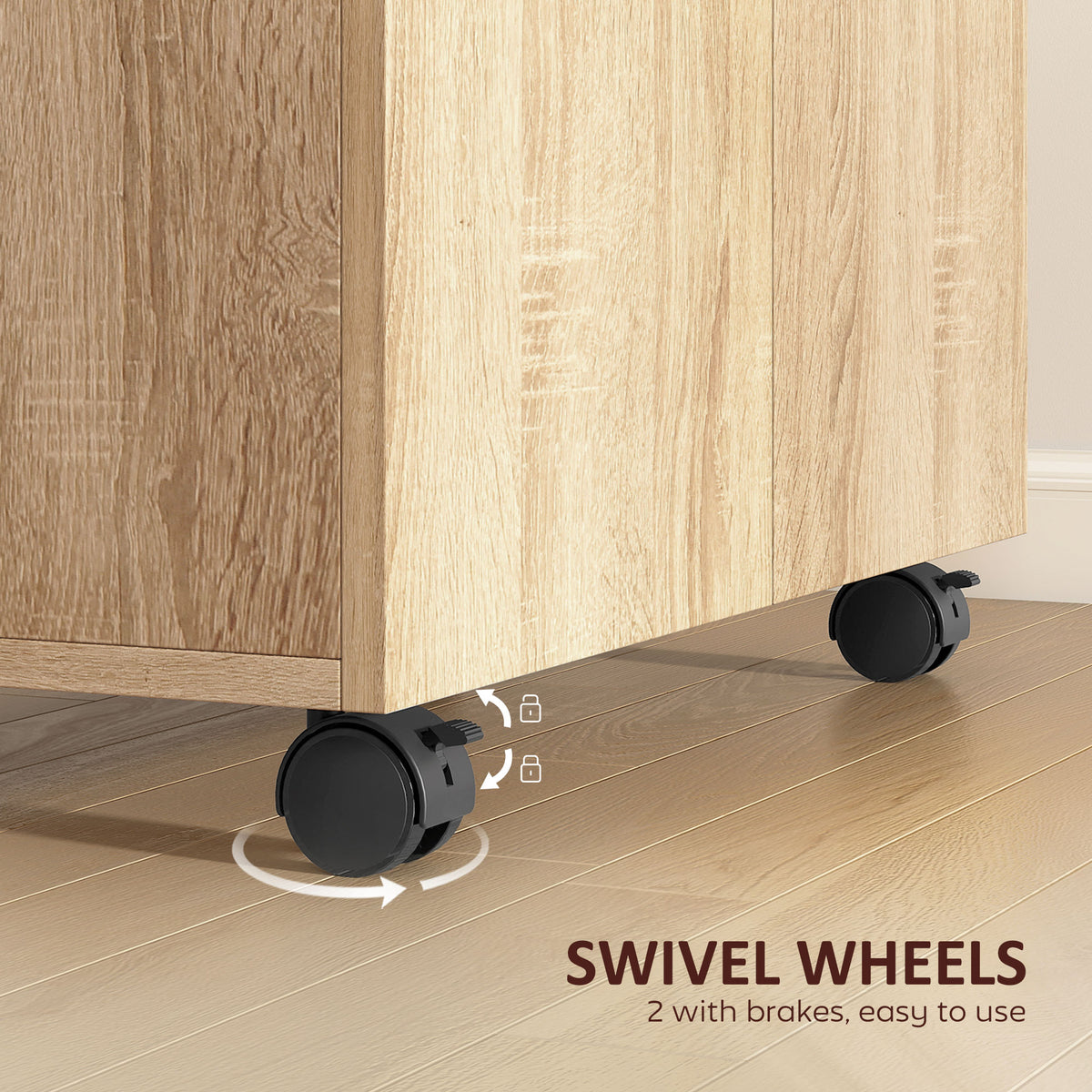 Swivel wheels on mobile sideboard cabinet base for easy movement