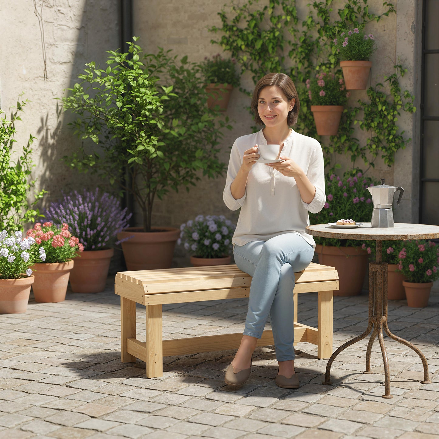 Outsunny Wooden Outdoor Bench 2 Seater Garden Bench Backless Patio With Slatted Curved Seat Natural Wood Finish