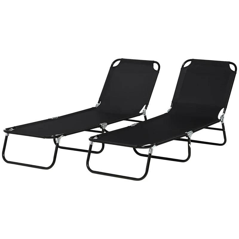 Two black folding sun loungers with adjustable reclining backrest, metal frame