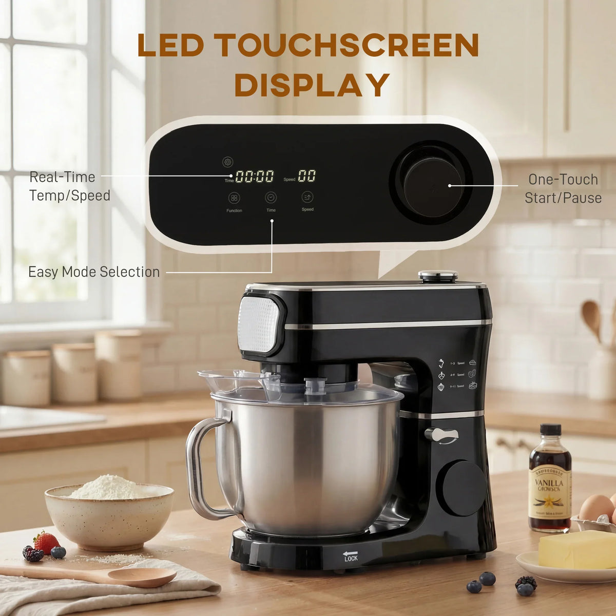 Black stand mixer with LED touch display and stainless steel bowl