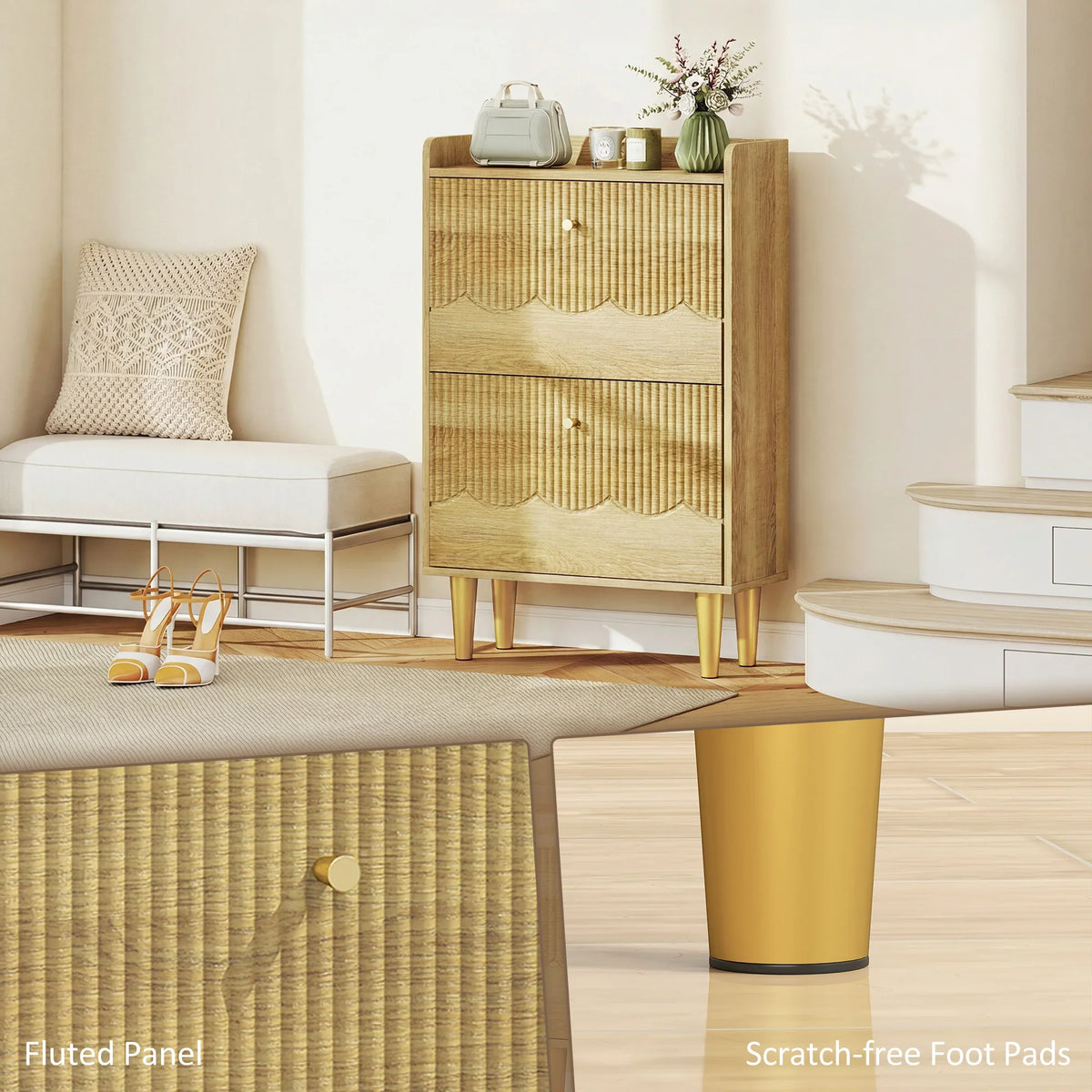 Oak slim shoe cabinet with two flip drawers and fluted panel detail