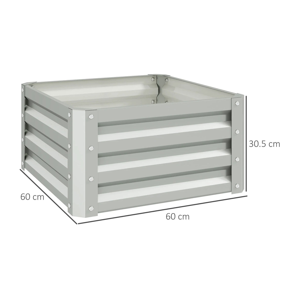 Gray rectangular raised planter box with slatted sides, open design