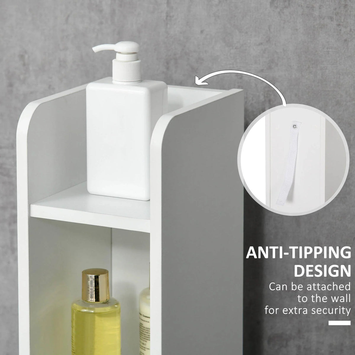 Grey bathroom storage cabinet with open side shelf and anti-tipping design detail on wall