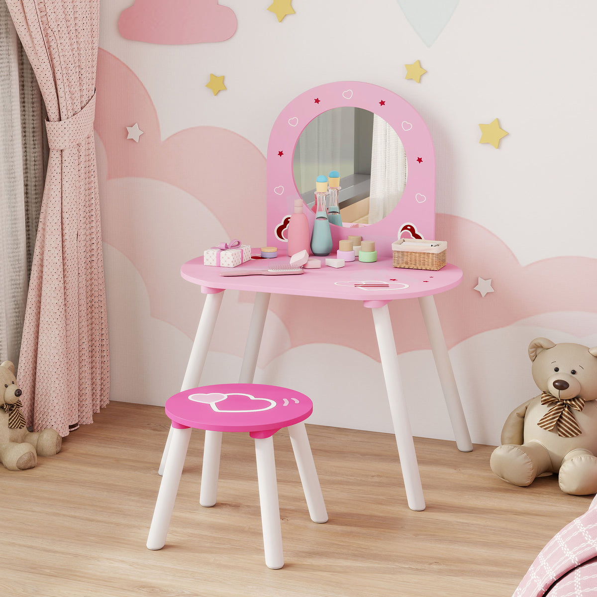 Pink kids dressing table with arched round mirror and matching round stool
