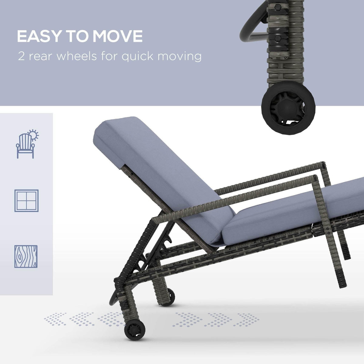 Rattan sun lounger with dark gray frame, wheeled base, and padded recline cushion