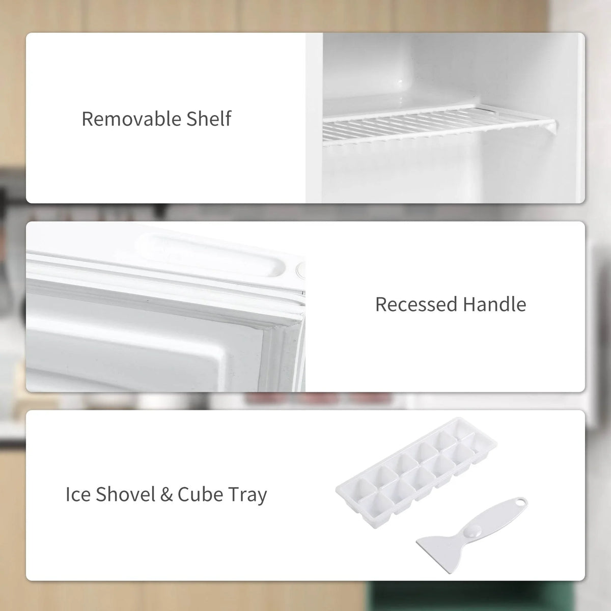 White freezer interior detail with removable shelf, recessed handle, and ice cube tray.