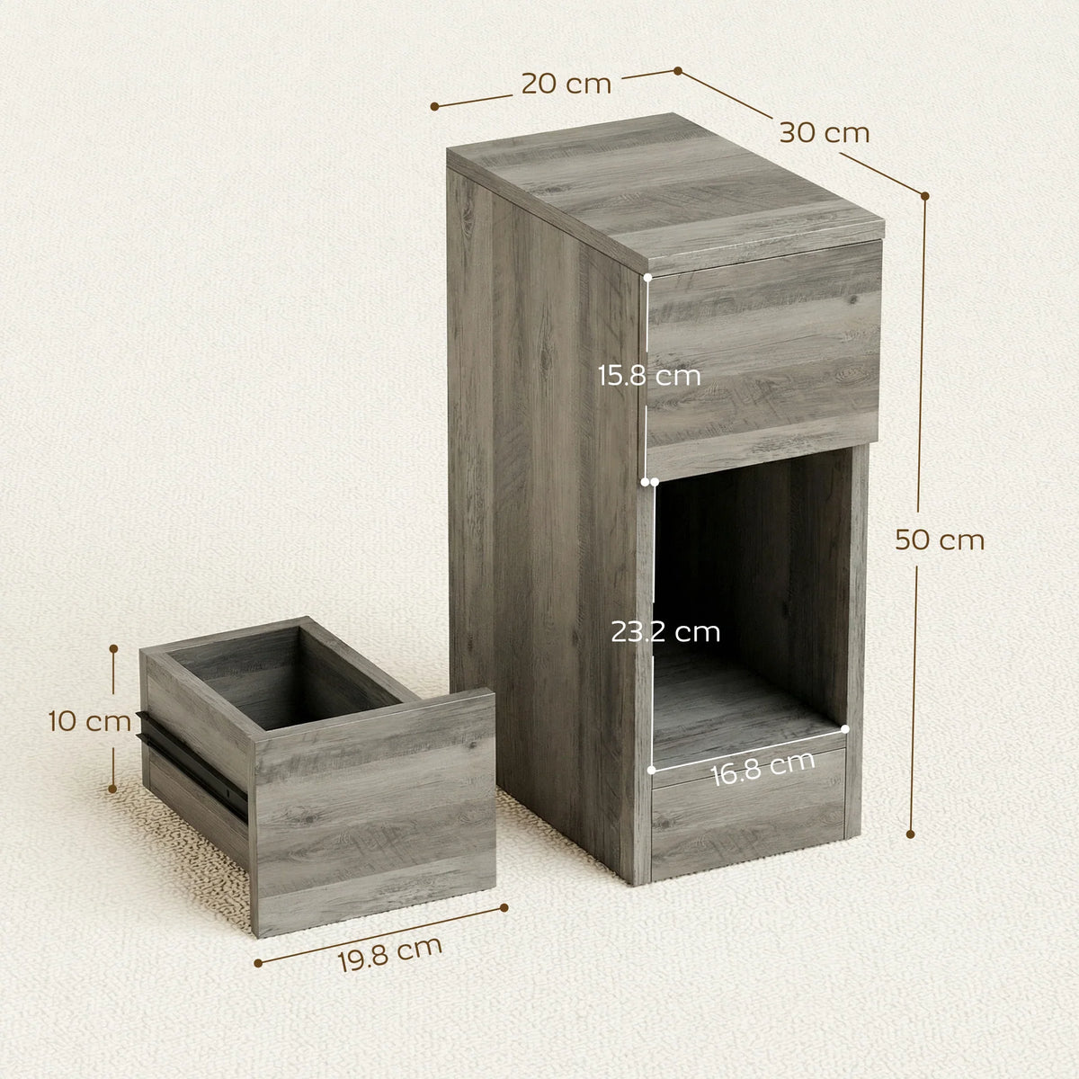 Grey wood-effect bedside table with drawer and open shelves, compact slim size