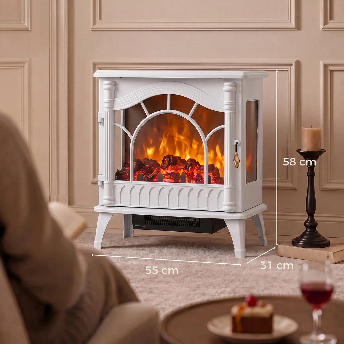 White electric fireplace fan heater with arched front glass and visible flame display