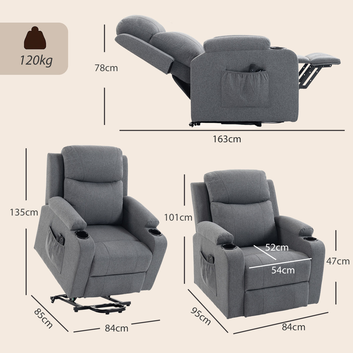 Gray power lift recliner chair with size diagram and lift-and-recline base view