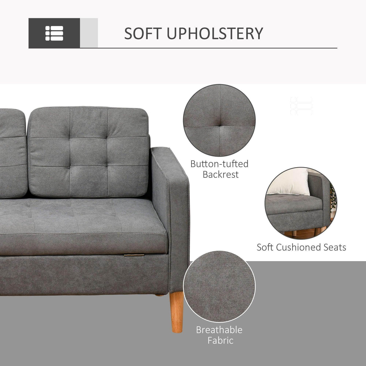Grey fabric sofa with button-tufted backrest and cushioned seat, stitched upholstery details.