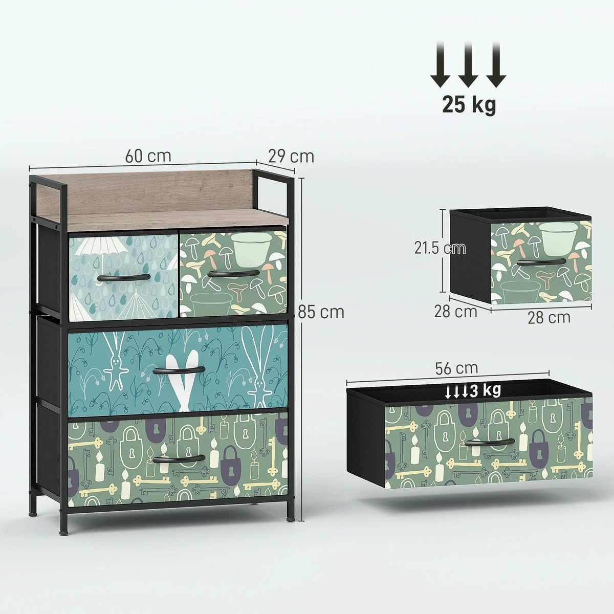 Blue patterned 4-drawer chest with black frame, side view of drawers and top shelf