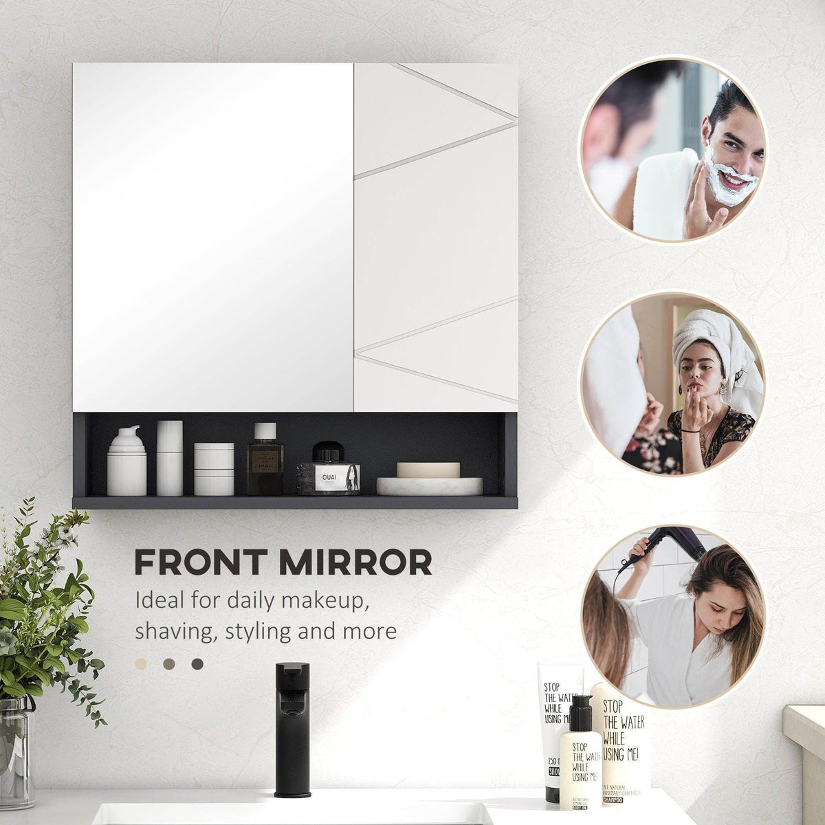 Bathroom wall cabinet with front mirror door and open shelf for daily toiletries