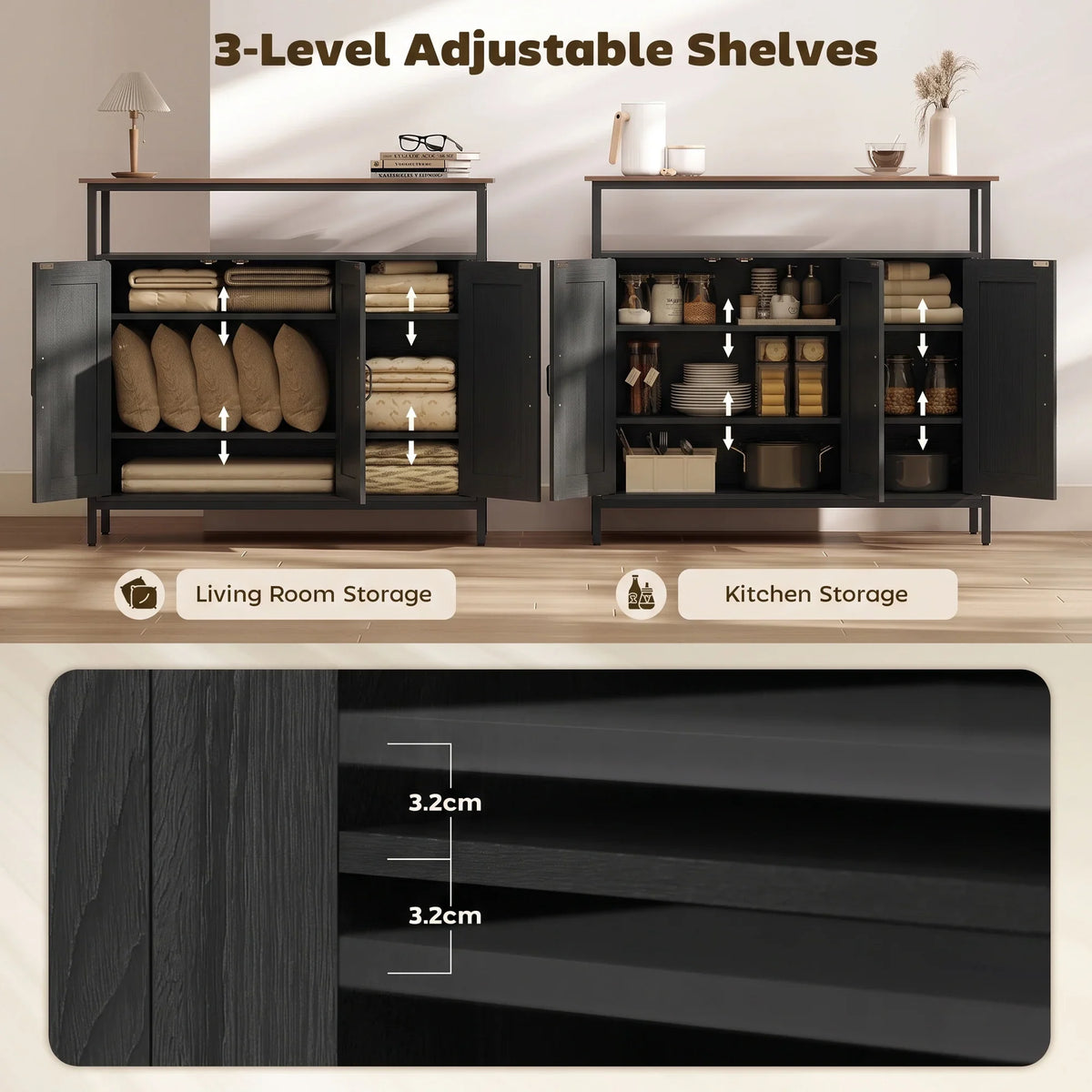 Dark gray industrial sideboard with two open cabinets and adjustable shelves inside