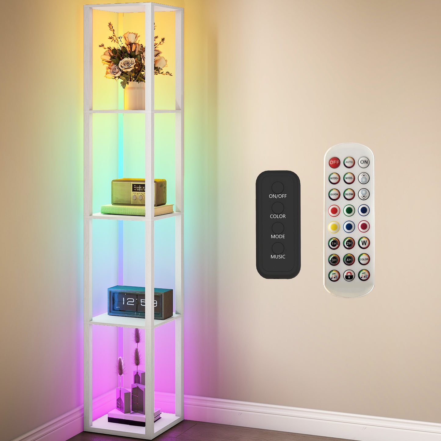 HOMCOM RGB LED Floor Lamp With Shelves Modern Dimmable Standing Lamp With Remote For Living Room Bedroom Office White