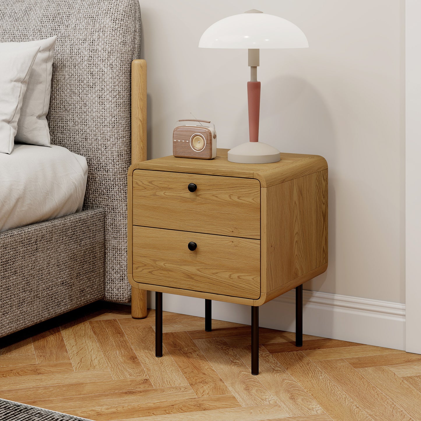 HOMCOM Bedside Table With 2 Drawers And Durable Steel Legs In Oak Finish For Modern Bedroom Storage And Organization